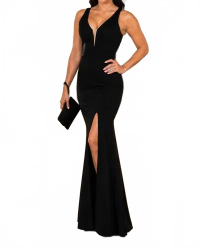Poly Usa Fitted Long Deep V-neck Dress In Black