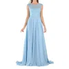 Poly Usa Long Embroidered Cap Sleeve Dress In Ice Blue In Blue