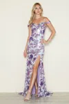 Poly Usa Pl9444 Long Formal Sequin Print Slit Prom Dress In Purple