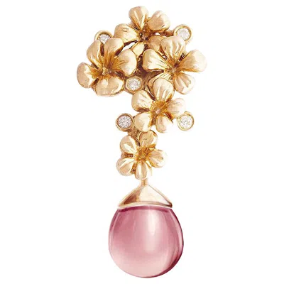 Pre-owned Polya Medvedeva Jewellery Eighteen Karat Yellow Gold Brooch With Diamonds And Rose Quartz