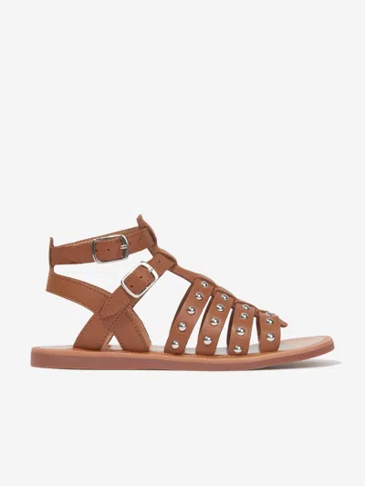 Pom D'api Kids' Girls Leather Plagette Stud Sandals In Brown