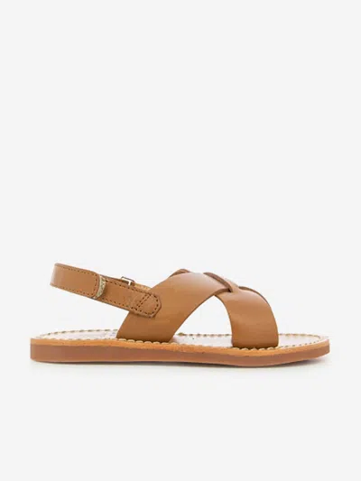 Pom D'api Babies' Kids Leather Plage Stitch Cross Sandals In Brown
