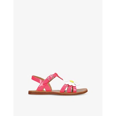 Pom D'api Girls Pink Kids' Plagette Big Flower Leather Sandals