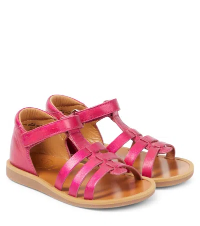Pom D'api Kids' Poppy Strap Leather Sandals In Laminato Berry