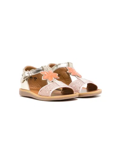 Pom D'api Kids' Floral-appliqué Metallic-effect Sandals In Pink