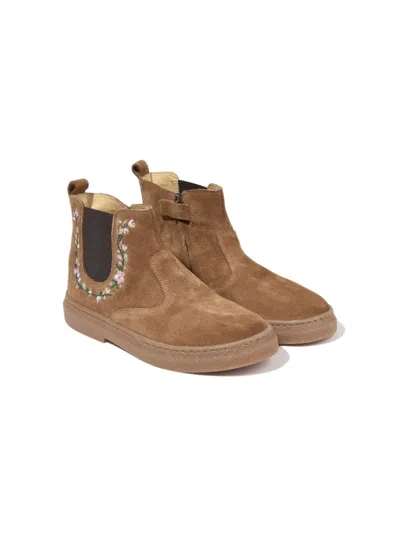 Pom D'api Kids' Floral-embroidery Suede Boots In Brown