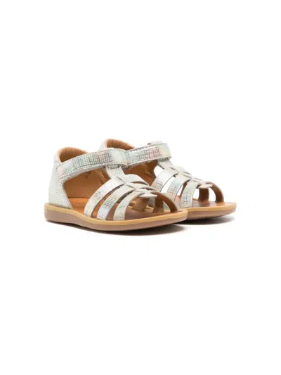 Pom D'api Kids' Metallic Touch-strap Sandals In Silver