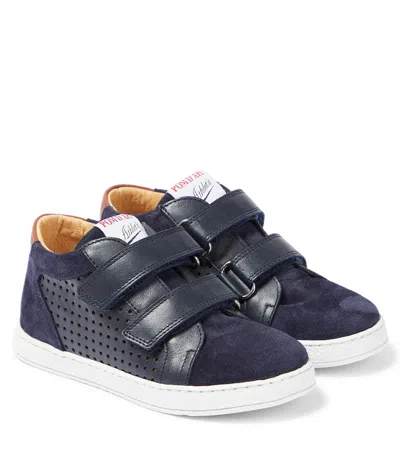 Pom D'api Kids' Mousse Easy Leather And Suede Sneakers In Blue