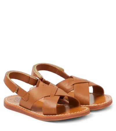 Pom D'api Kids' Plage-stitch Cross Leather Sandals In Brown