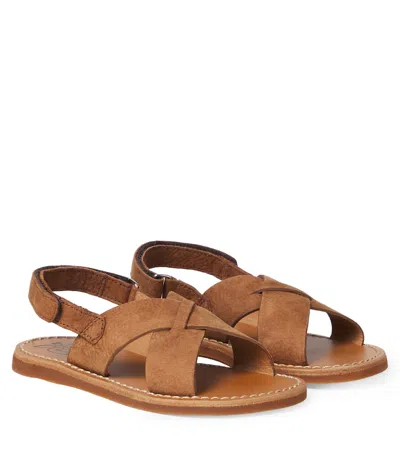 Pom D'api Kids' Plage-stitch Cross Suede Sandals In Brown