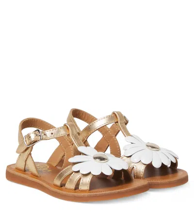 Pom D'api Kids' Plagette Big Flo Leather Sandals In Gold