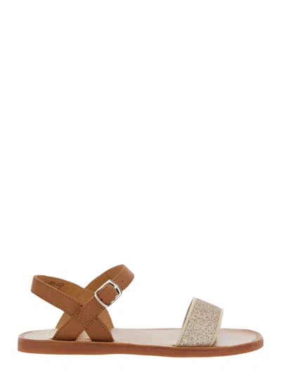 Pom D'api Kids' Plagette Brown Sandals With Open Toe And Glitter Detail In Leather Girl