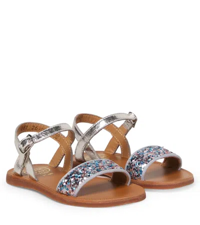 Pom D'api Kids' Plagette Buckle Glitter Leather Sandals