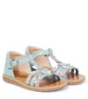 Pom D'api Poppy Floral-appliqué Leather Sandals In Blue
