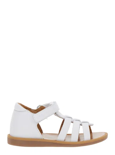Pom D'api Kids' Poppy White Sandals With Cage Design In Leather Girl