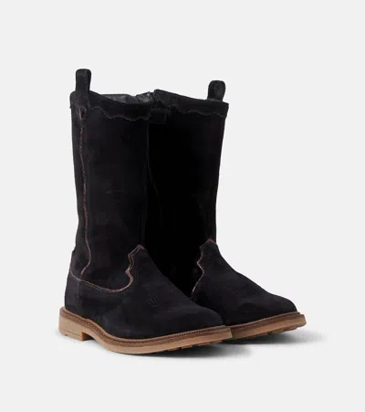 Pom D'api Kids' Sister West绒面革靴子 In Velours Noir