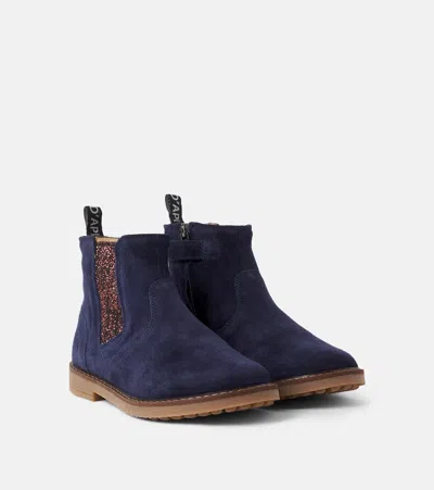 Pom D'api Kids' Trip New Jodzip绒面革切尔西靴 In Velours Navy