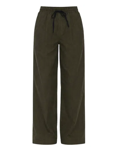 Pomandère Military Green Striped Cotton Loose-fit Straight-leg Pants