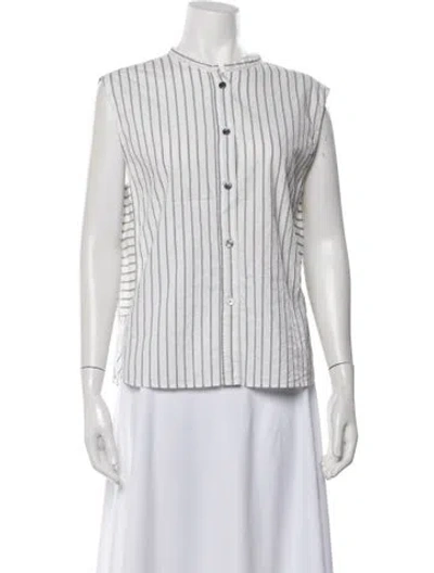 Pre-owned Pomandère Striped Short Sleeve Button-up Top In White