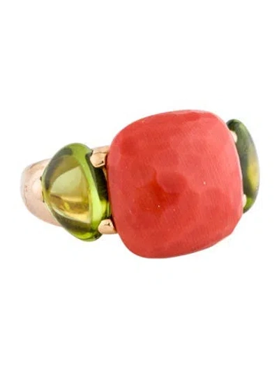 Pre-owned Pomellato 18k Coral & Peridot Capri Ring In Orange