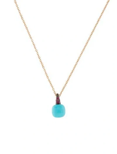 Pre-owned Pomellato 18k Ruby & Turquoise Capri Pendant Necklace, 16.5" In Blue