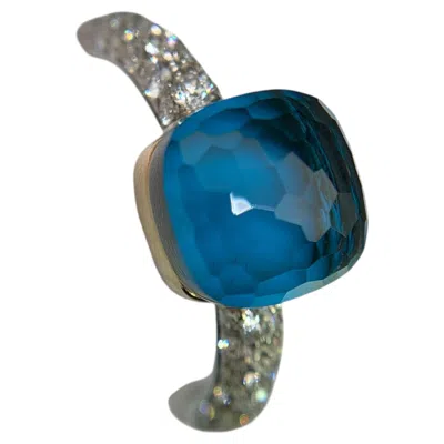 Pre-owned Pomellato 18k Two-tone Gold Nudo Deep Blue Topaz Diamond Pavé Ring