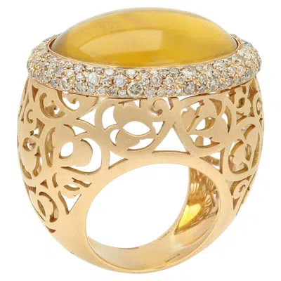 Pre-owned Pomellato Ambar Ring 18k Mat Filigree Artwork Yellow Gold Large Yellow Cabochon
