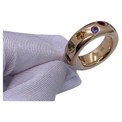 Pre-owned Pomellato Iconica 18k Rose Gold Multi-gemstone Chunky Band Ring Size 53 In Red