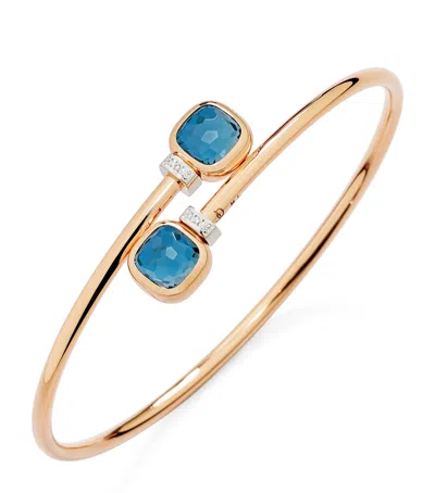 Pomellato Mixed Gold, Blue Topaz And Diamond Nudo Bangle In Rose Gold