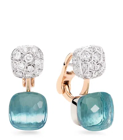 Pomellato Mixed Gold, Blue Topaz And Diamond Nudo Earrings In Metallic