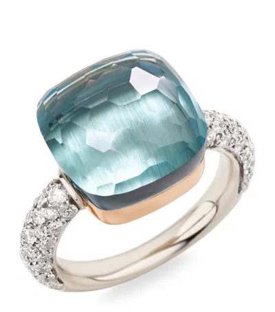 Pomellato Mixed Gold, Diamond And Topaz Nudo Maxi Ring In Blue