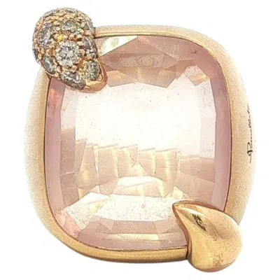 Pre-owned Pomellato Ritratto 18k Gold Faceted Rose Quartz Diamond Brushed Heavy Ring 53 In Red