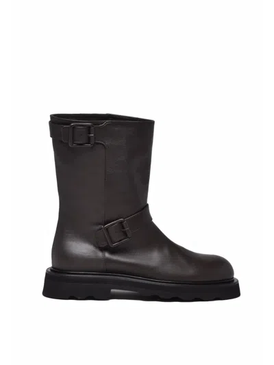 Pomme D'or Brown Leather Buckle Biker Boots In Black