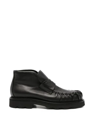 Pomme D'or Ruched Penny Leather Ankle Boots In Black