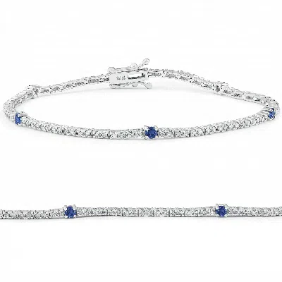 Pompeii3 1 1/10 Ct Diamond & Blue Sapphire Tennis Bracelet 14k White Gold 7" Lab Grown In Silver