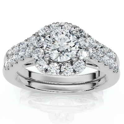 Pompeii3 1 1/10ct Cushion Halo Diamond Engagement Ring & Matching Band Gold/pt Lab Grown In Metallic