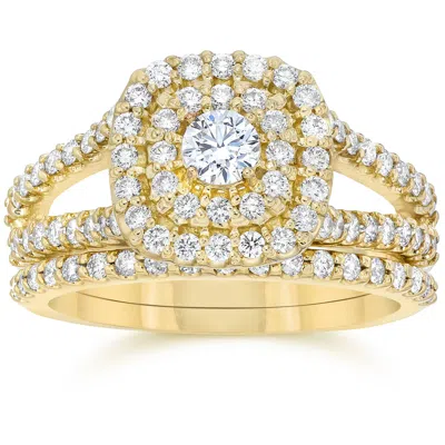 Pompeii3 1 1/10ct Cushion Halo Diamond Engagement Wedding Ring Set 10k Yellow Gold In Silver