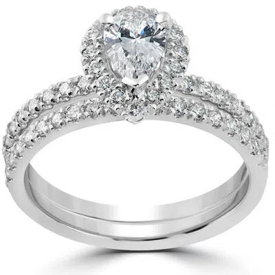 Pompeii3 1 1/10ct Pear Halo Diamond Engagement Wedding Ring Set 14k White Gold Lab Grown In Metallic