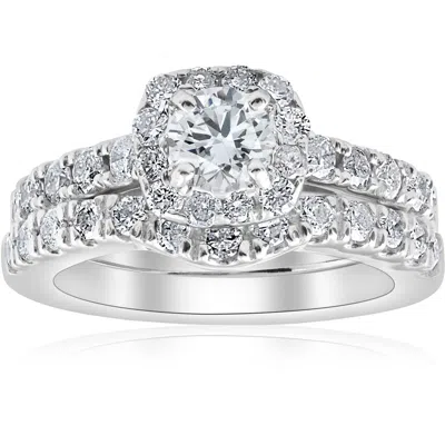 Pompeii3 1 1/10ct Tdw Cushion Halo Engagement Wedding Ring Set 14k White Gold Lab Grown In Multi