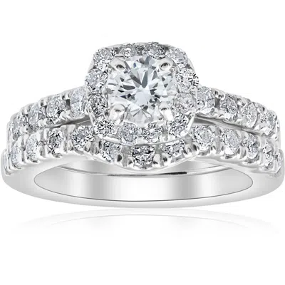 Pompeii3 1 1/10ct Tdw Cushion Halo Engagement Wedding Ring Set 14k White Gold Lab Grown In Silver