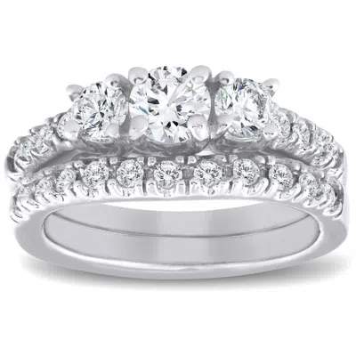 Pompeii3 1 1/2 Ct 3-stone Diamond Engagement Ring Matching Wedding Band Set White Gold In Multi