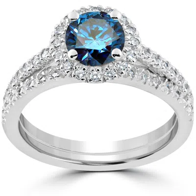 Pompeii3 1 1/2 Ct Blue Diamond Halo Engagement Wedding Ring Set 14k White Gold In Multi