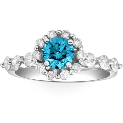 Pompeii3 1 1/2ct Blue & White Diamond Halo Engagement Ring In 10k White Gold In Multi