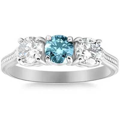 Pompeii3 1 1/2ct Blue Diamond Three Stone Vintage Accent Engagement Ring In 10k Gold