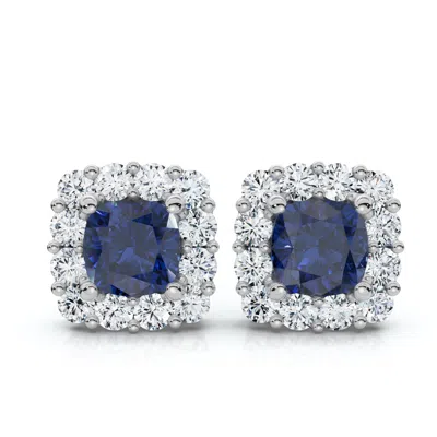 Pompeii3 1 1/2ct Blue Sapphire & Diamond Cushion Halo Studs 14k Gold Earrings Lab Grown In Multi