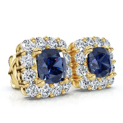 Pompeii3 1 1/2ct Blue Sapphire & Diamond Cushion Halo Studs 14k Gold Earrings Lab Grown