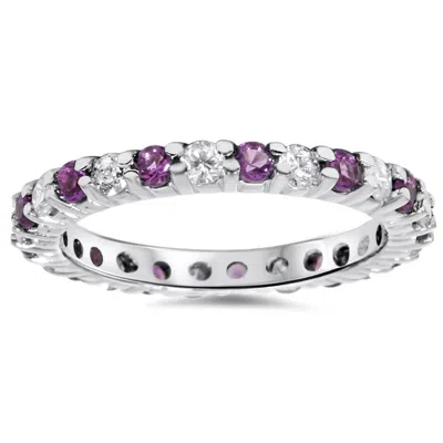 Pompeii3 1 1/2ct Diamond & Amethyst Eternity Stackable Ring 14k White Gold In Purple