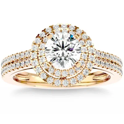Pompeii3 1 1/2ct Moissanite & Diamond Double Halo Engagement Ring White Yellow Rose Gold