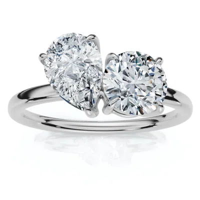 Pompeii3 1 1/2ct Round And Pear Toi Et Moi Diamond Ring 14k Gold Or Pt Lab Grown In Metallic