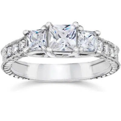 Pompeii3 1 1/2ct Vintage Three Stone Princess Cut Diamond Engagement Ring 14k White Gold In Multi